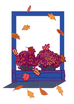 A window with a flower box filled with fall foliage.