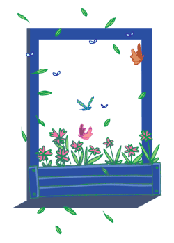 A window with a flower box filled with spring foliage.